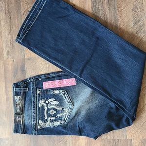 Grace in LA Women's Dark Wash Feather Skull Mid Rise Boot Cut Jeans